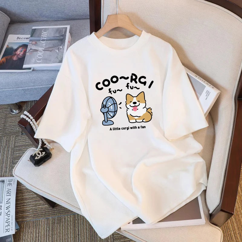 Soft Cuteness Alert Korean Style T Shirt Cute Fun Pattern Print Loose Short Sleeve White Top for Women Casual Summer Clothing