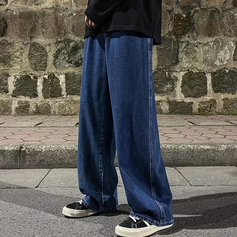 2023 New Streetwear Loose Jeans Men Korean Style Fashion Loose Straight Wide Leg Pants Men's Brand Clothing Black Light Blue