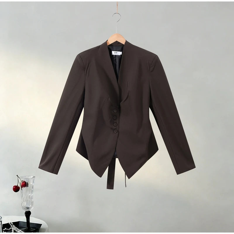 Casual Lace Up Asymmetrical Blazer Women Solid V-neck Single Breasted Full Sleeve Jacket Female Fashion Spring Lady Coat 2026