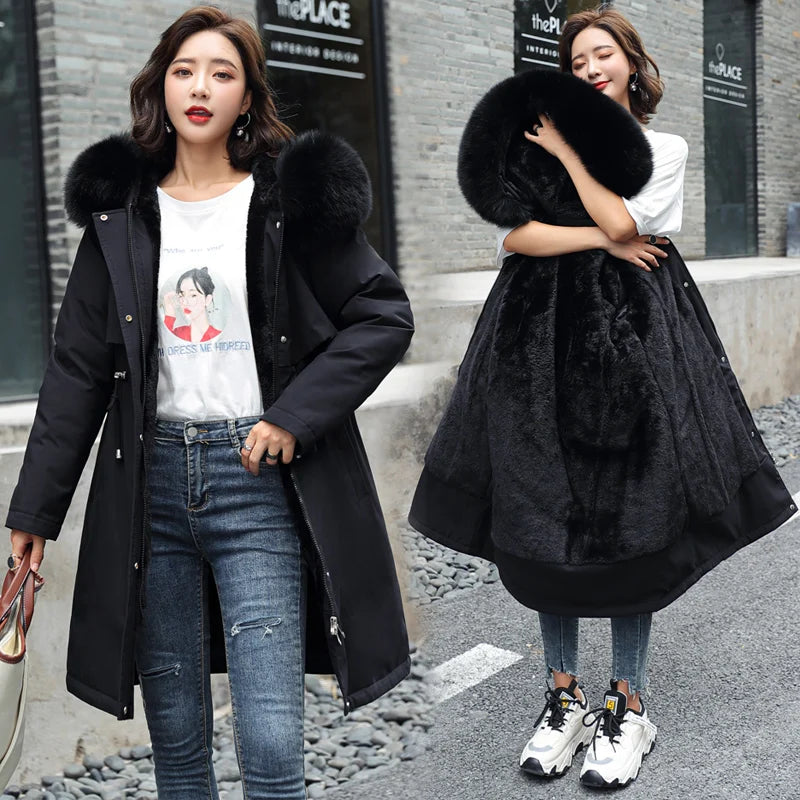 Women's Thiened Fce Lined Slim Fit Cotton Jaet Korean Sle Parka Coat mid Length Trendy Winter Outerwear