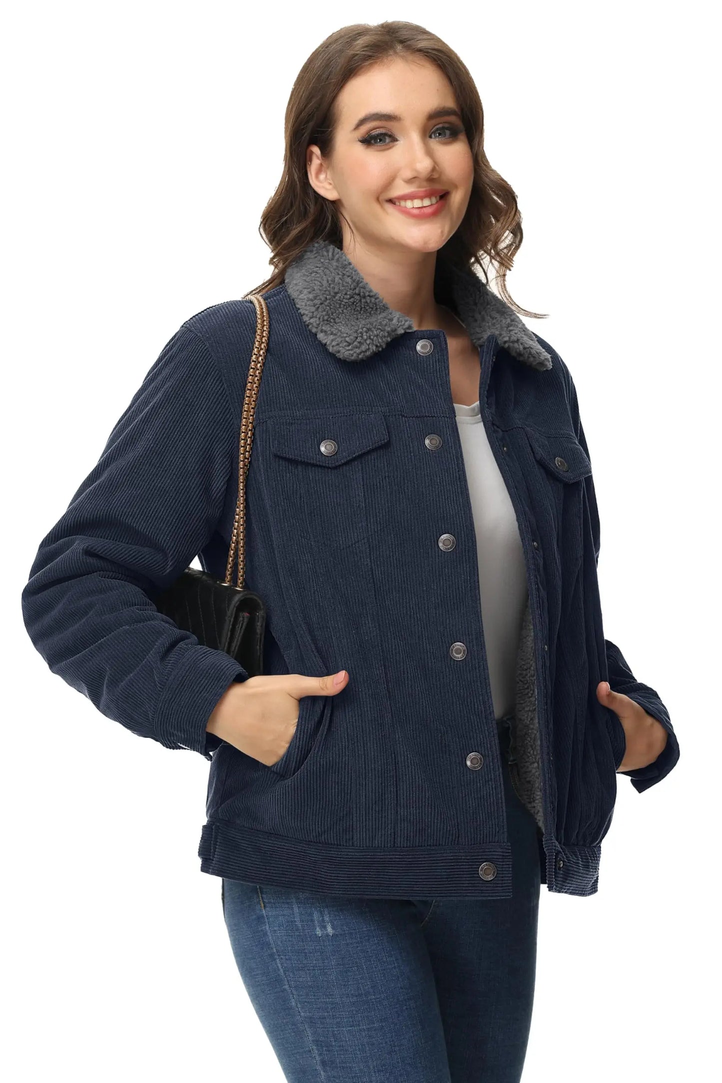 TACVASEN Corduroy Sherpa Fleece Lined Heavy Jackets Womens Fashion Fuzzy Casual Outwears Winter Thermal Coats Female Windbreaker