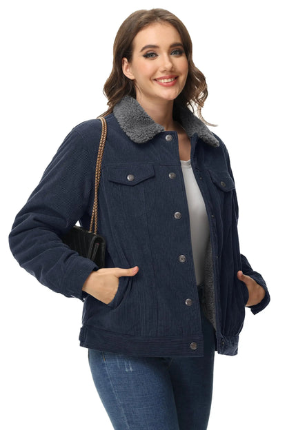 TACVASEN Corduroy Sherpa Fleece Lined Heavy Jackets Womens Fashion Fuzzy Casual Outwears Winter Thermal Coats Female Windbreaker