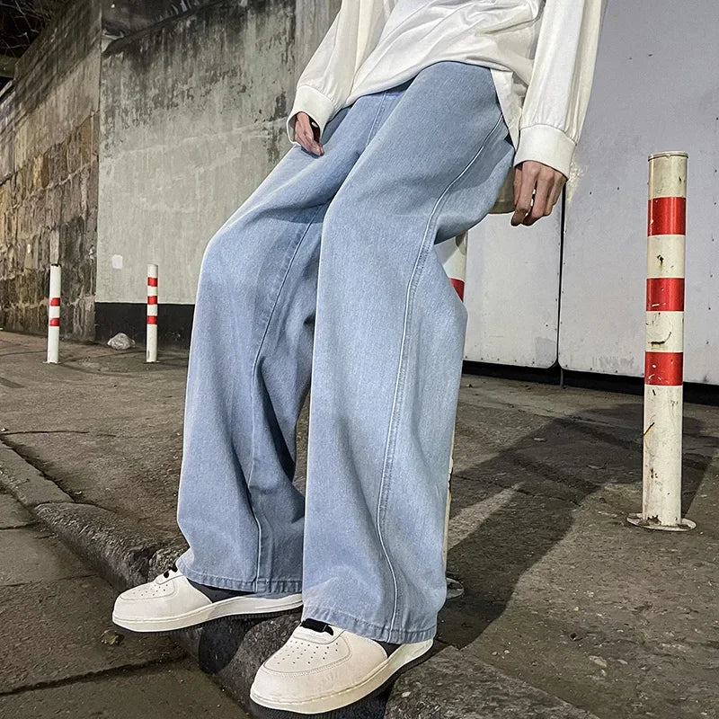 2023 New Streetwear Loose Jeans Men Korean Style Fashion Loose Straight Wide Leg Pants Men's Brand Clothing Black Light Blue