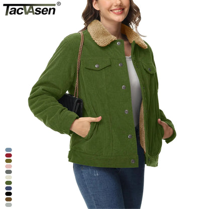 TACVASEN Corduroy Sherpa Fleece Lined Heavy Jackets Womens Fashion Fuzzy Casual Outwears Winter Thermal Coats Female Windbreaker