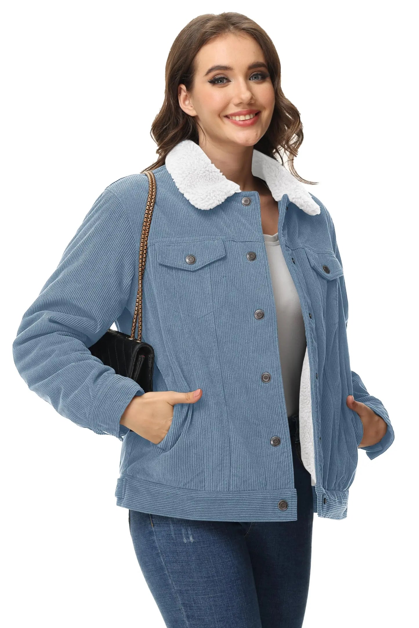 TACVASEN Corduroy Sherpa Fleece Lined Heavy Jackets Womens Fashion Fuzzy Casual Outwears Winter Thermal Coats Female Windbreaker
