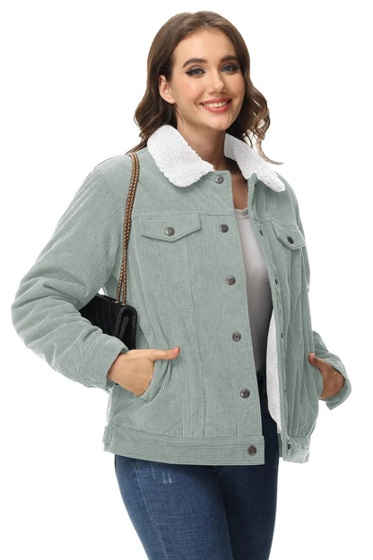 TACVASEN Corduroy Sherpa Fleece Lined Heavy Jackets Womens Fashion Fuzzy Casual Outwears Winter Thermal Coats Female Windbreaker