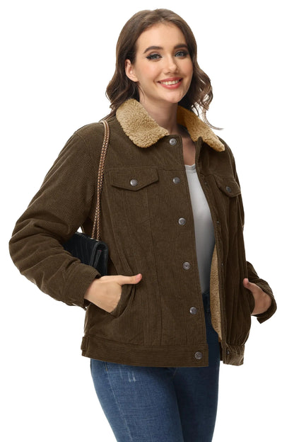 TACVASEN Corduroy Sherpa Fleece Lined Heavy Jackets Womens Fashion Fuzzy Casual Outwears Winter Thermal Coats Female Windbreaker