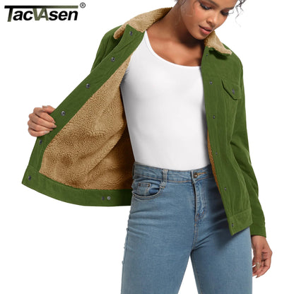 TACVASEN Corduroy Sherpa Fleece Lined Heavy Jackets Womens Fashion Fuzzy Casual Outwears Winter Thermal Coats Female Windbreaker