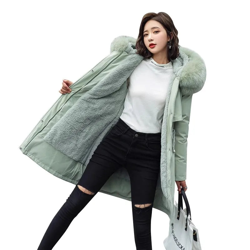 Women's Thiened Fce Lined Slim Fit Cotton Jaet Korean Sle Parka Coat mid Length Trendy Winter Outerwear