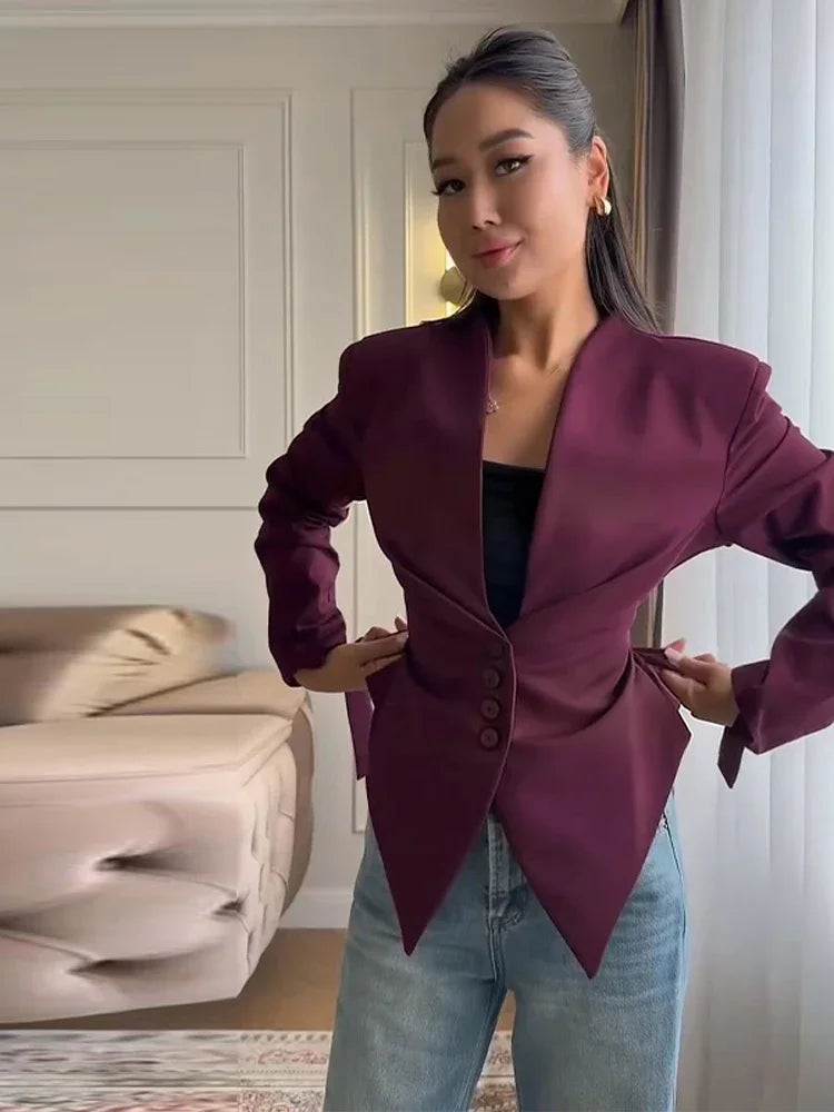 Casual Lace Up Asymmetrical Blazer Women Solid V-neck Single Breasted Full Sleeve Jacket Female Fashion Spring Lady Coat 2026