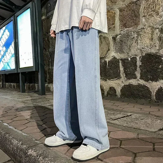 2023 New Streetwear Loose Jeans Men Korean Style Fashion Loose Straight Wide Leg Pants Men's Brand Clothing Black Light Blue