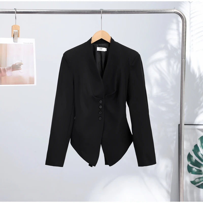 Casual Lace Up Asymmetrical Blazer Women Solid V-neck Single Breasted Full Sleeve Jacket Female Fashion Spring Lady Coat 2026