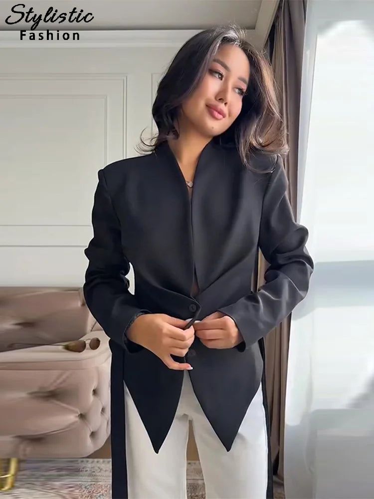 Casual Lace Up Asymmetrical Blazer Women Solid V-neck Single Breasted Full Sleeve Jacket Female Fashion Spring Lady Coat 2026