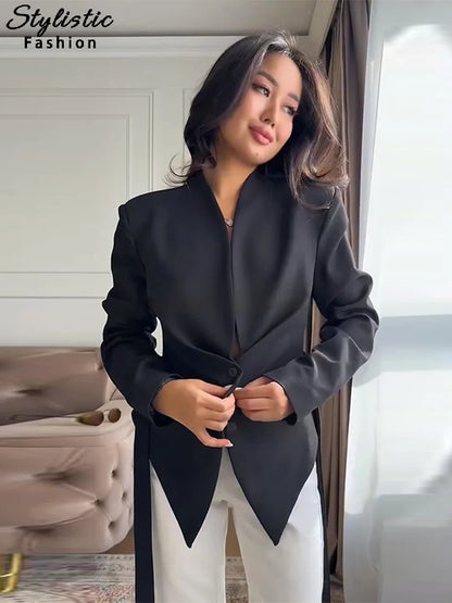 Casual Lace Up Asymmetrical Blazer Women Solid V-neck Single Breasted Full Sleeve Jacket Female Fashion Spring Lady Coat 2026