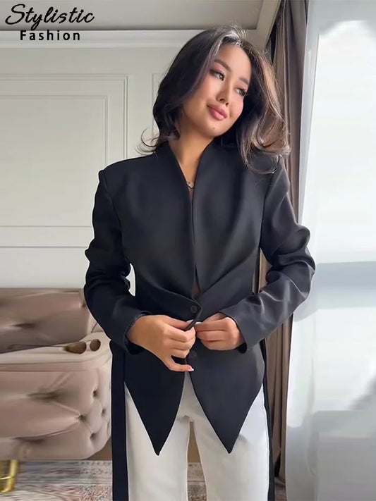 Casual Lace Up Asymmetrical Blazer Women Solid V-neck Single Breasted Full Sleeve Jacket Female Fashion Spring Lady Coat 2026