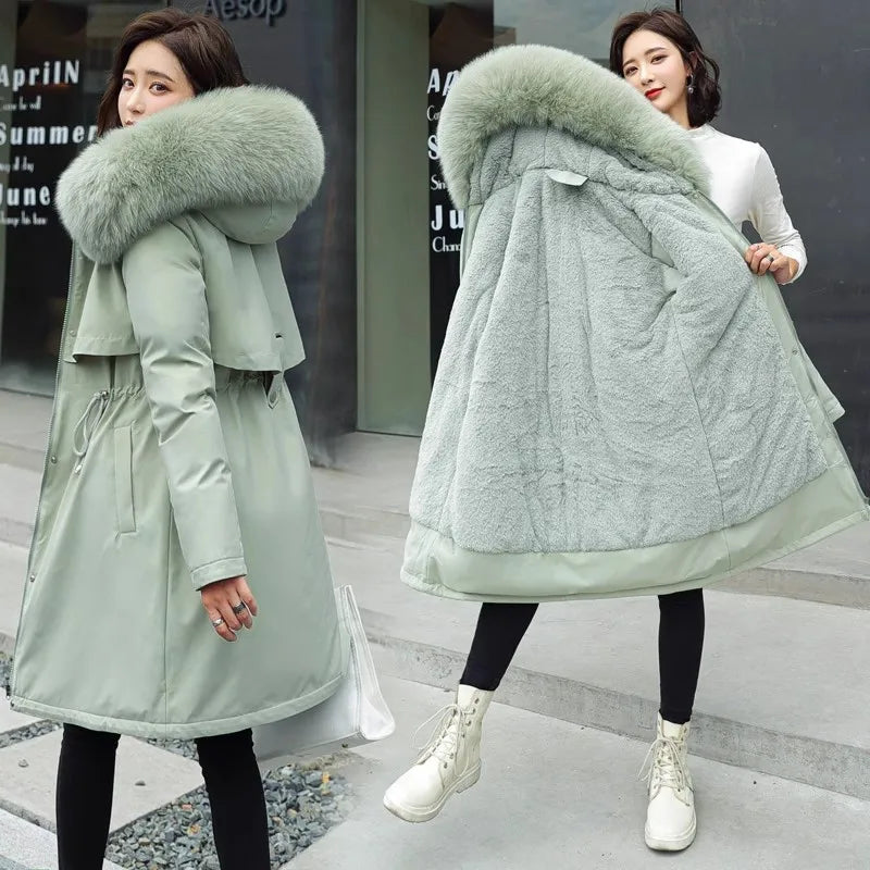 Women's Thiened Fce Lined Slim Fit Cotton Jaet Korean Sle Parka Coat mid Length Trendy Winter Outerwear