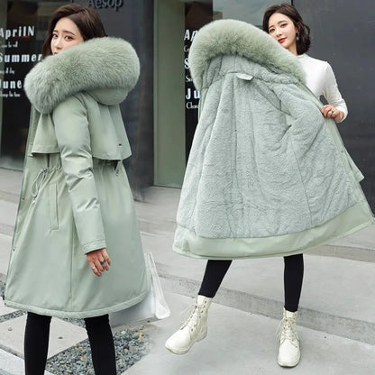 Women's Thiened Fce Lined Slim Fit Cotton Jaet Korean Sle Parka Coat mid Length Trendy Winter Outerwear