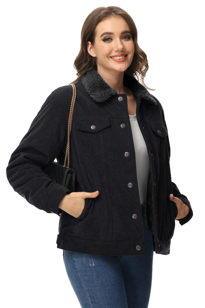 TACVASEN Corduroy Sherpa Fleece Lined Heavy Jackets Womens Fashion Fuzzy Casual Outwears Winter Thermal Coats Female Windbreaker