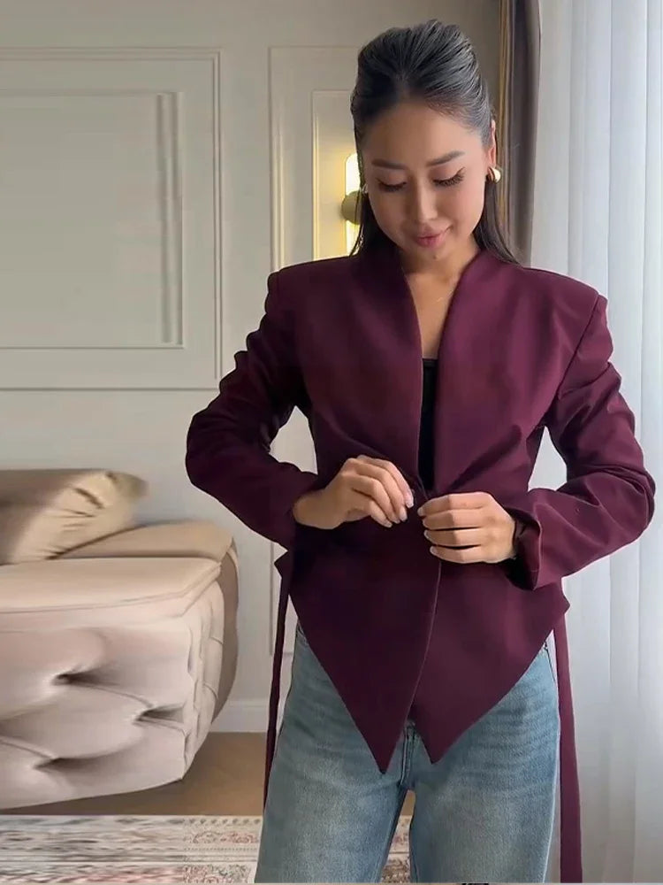 Casual Lace Up Asymmetrical Blazer Women Solid V-neck Single Breasted Full Sleeve Jacket Female Fashion Spring Lady Coat 2026