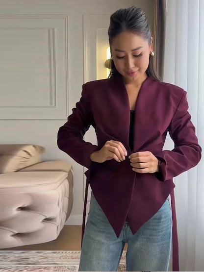 Casual Lace Up Asymmetrical Blazer Women Solid V-neck Single Breasted Full Sleeve Jacket Female Fashion Spring Lady Coat 2026