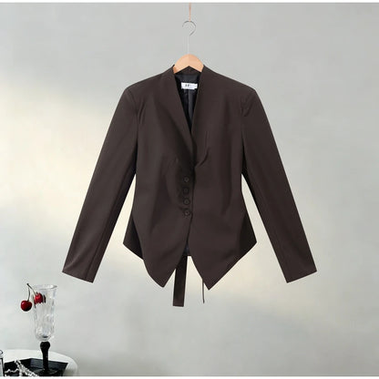 Casual Lace Up Asymmetrical Blazer Women Solid V-neck Single Breasted Full Sleeve Jacket Female Fashion Spring Lady Coat 2026