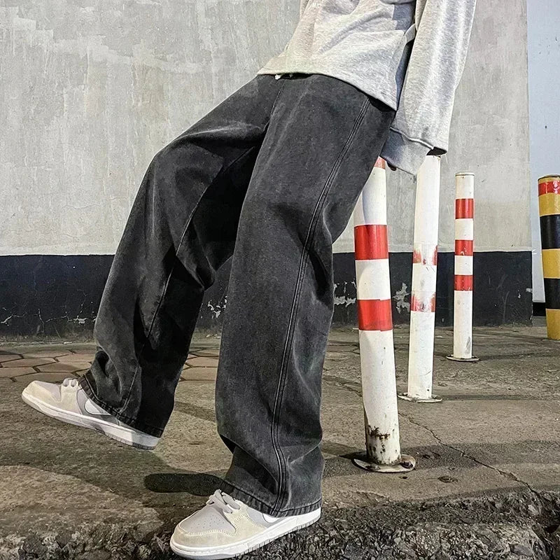 2023 New Streetwear Loose Jeans Men Korean Style Fashion Loose Straight Wide Leg Pants Men's Brand Clothing Black Light Blue