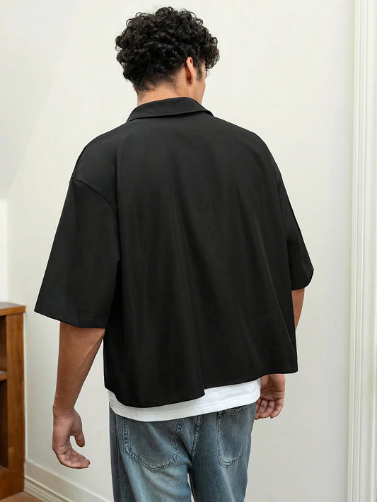 [Minimalist Academy Style Short Sleeve Crop Shirt] Men's short casual comfortable solid color short sleeve polo shirt, suitable