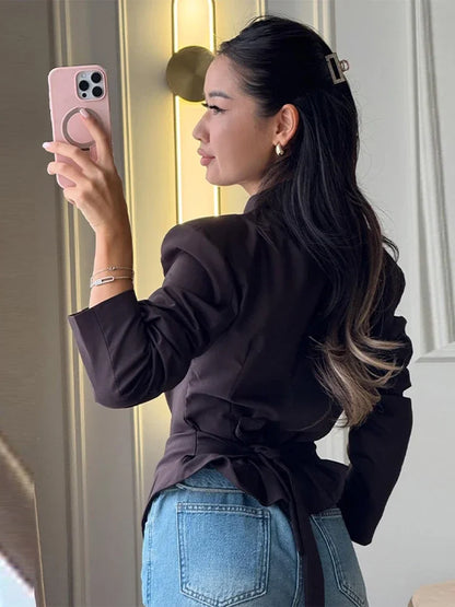 Casual Lace Up Asymmetrical Blazer Women Solid V-neck Single Breasted Full Sleeve Jacket Female Fashion Spring Lady Coat 2026
