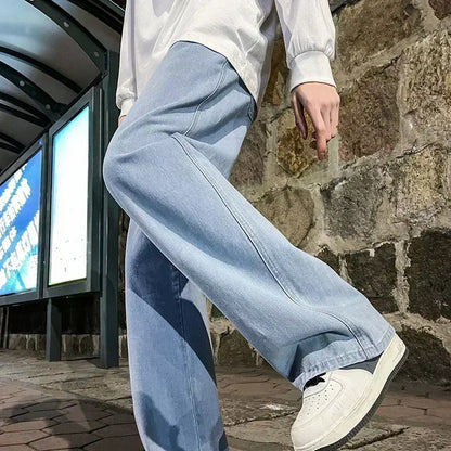 2023 New Streetwear Loose Jeans Men Korean Style Fashion Loose Straight Wide Leg Pants Men's Brand Clothing Black Light Blue