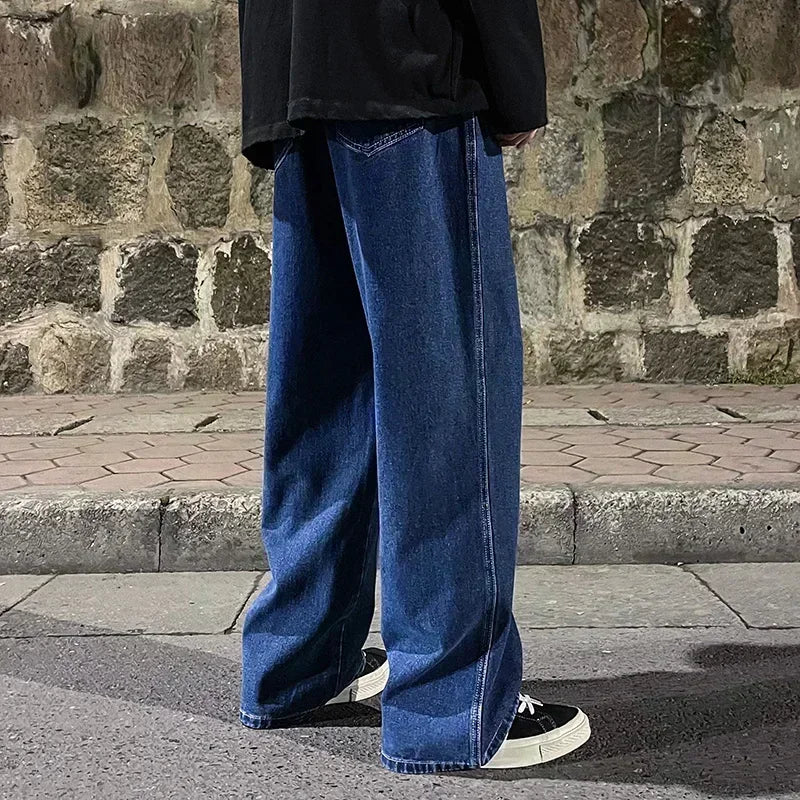 2023 New Streetwear Loose Jeans Men Korean Style Fashion Loose Straight Wide Leg Pants Men's Brand Clothing Black Light Blue