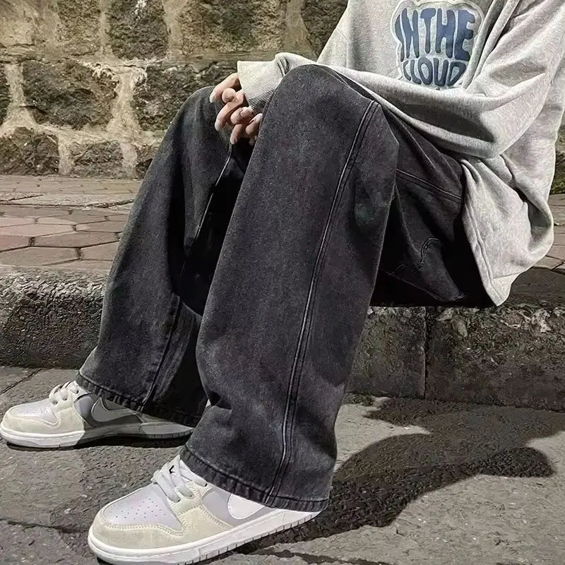 2023 New Streetwear Loose Jeans Men Korean Style Fashion Loose Straight Wide Leg Pants Men's Brand Clothing Black Light Blue