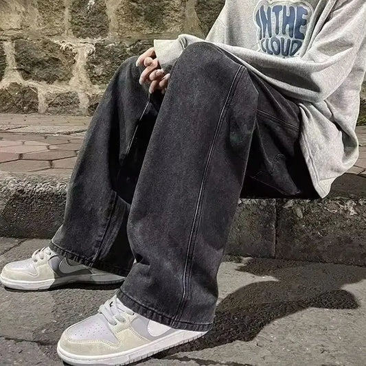 2023 New Streetwear Loose Jeans Men Korean Style Fashion Loose Straight Wide Leg Pants Men's Brand Clothing Black Light Blue