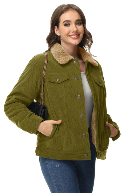 TACVASEN Corduroy Sherpa Fleece Lined Heavy Jackets Womens Fashion Fuzzy Casual Outwears Winter Thermal Coats Female Windbreaker