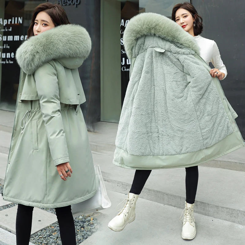 Women's Thiened Fce Lined Slim Fit Cotton Jaet Korean Sle Parka Coat mid Length Trendy Winter Outerwear
